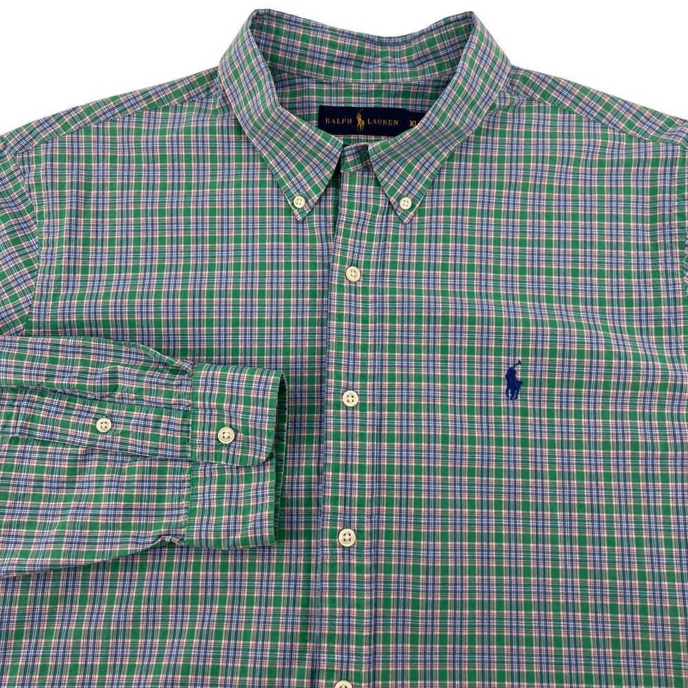 Ralph Lauren Mens XL Plaid Button‎ Down Shirt Green Blue Pink Cotton Long Sleeve
